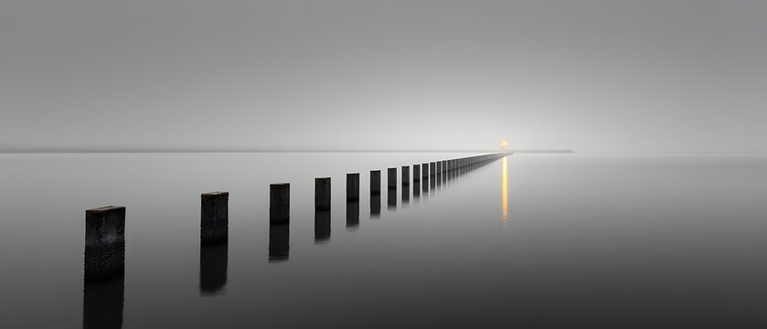 pier pylons receding into a misty horizon