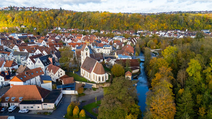 Village with church from drone