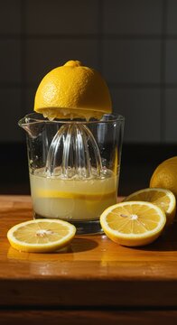 Freshly cut lemons being squeezed on a wooden counter to create natural juice for a healthy beverage preparation process in a bright kitchen setting, making, squeezing, zesty