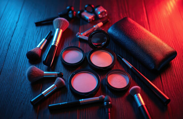 Assortment of makeup brushes, cosmetic powders arranged on dark wooden surface under blue, red lights. Makeup bag rests nearby, ready for use travel. Beauty essentials for perfect application.