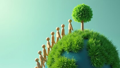 Wooden human figures stand on top of earth globe with lush green grass and tree. People on green planet earth. Concept of unity with nature and environmental protection.