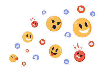 Obraz premium Social media react emoji icons scattered on a white background. This design represents social media reactions. Positive