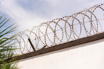 Lilongwe Malawi Africa. 11.11.2025.  Razor wire coiled on top of a wall surrrounding a Malawian...