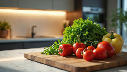 Fresh organic vegetables on wooden cutting board in modern kitchen. Ripe tomatoes peppers and herbs ready for healthy meal preparation. Vegan food and clean eating concept for diet.