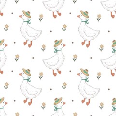 Seamless pattern with cartoon duck. Colorful illustration flat style. hand drawing. design for print, wrapper, fabric