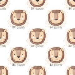 Seamless pattern with cartoon lion, decor elements. colorful illustration for kids. hand drawing, flat style. baby design for fabric, print, textile, wrapper