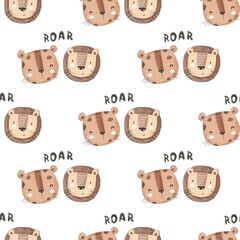 Seamless pattern with cartoon lion, leopard, decor elements. colorful illustration for kids. hand drawing, flat style. baby design for fabric, print, textile, wrapper