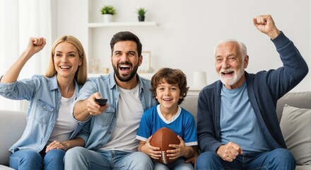 Happy multi-generational family watching a football game on tv at home. Excited parents, son, and grandfather cheering for their team on the couch