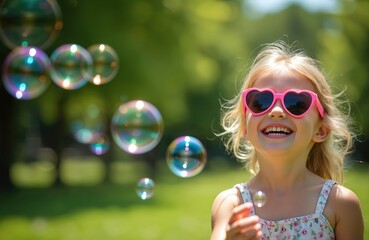 Blond little girl wearing heart sunglasses blows soap bubbles in a sunny park. Child enjoys playtime outdoors, laughing with joy on a summer day, experiencing childhood freedom.