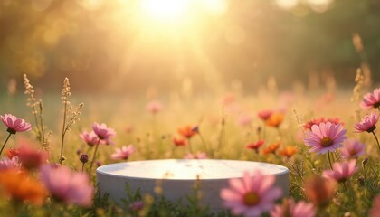 Empty round podium for product display in wild summer flower field. Blank stone stage for beauty skincare cosmetics presentation. Natural organic advertising concept with floral meadow scene, blurry