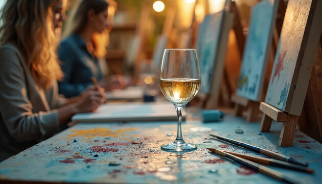 Glass of white wine on table with paintbrushes, canvas in art studio. Women paint, socialize in background. Paint splatters on table. Art supplies, easels are nearby. Creative activity, relaxation. - Powered by Adobe