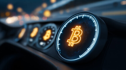 Bitcoin symbol on car display. A glowing Bitcoin symbol on a car dashboard shows digital currency integration during a night drive on a busy road.