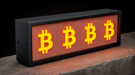 Bright bitcoin sign glowing at night. Neon bitcoin sign illuminates a dark space, showcasing the cryptocurrency symbol clearly and attractively.