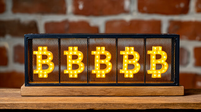Bitcoin sign in a cozy space. A glowing bitcoin sign with multiple letters shines warmly against a brick wall, showcasing digital currency's appeal.