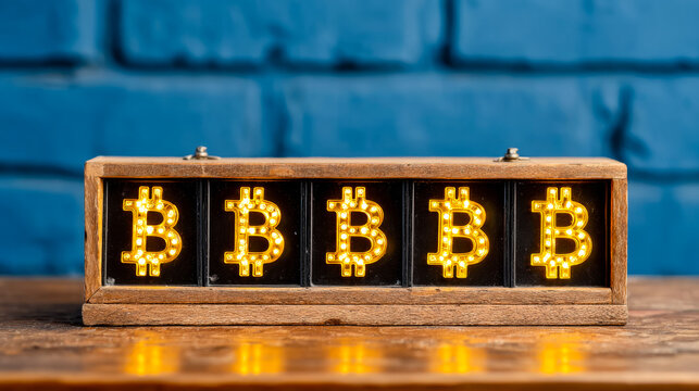 Glowing bitcoin signs on wooden display. Bright bitcoin signs shine in a wooden display against a blue wall, highlighting the cryptocurrency's popularity.