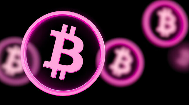 Bitcoin symbols floating in dark space. Bright pink bitcoin symbols float in a dark background, highlighting digital currency in a modern context.