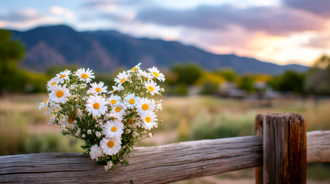 Sunset wildflowers on a fence. Daisies grow on a rustic wooden fence with mountains and a colorful sunset in the background, creating a serene scene. - Powered by Adobe