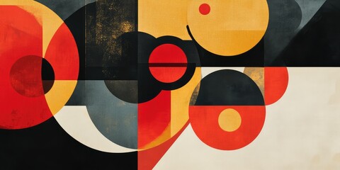 A painting of circles and squares with a red circle in the middle