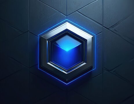 Futuristic hexagon emblem with glowing blue cube inside. Digital icon chrome metallic frame, neon outline. Abstract technology background with dark geometric patterns for modern business website - Powered by Adobe