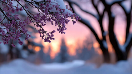 Snowy branches, blooming flowers. Beautiful branches with pink flowers covered in snow, against a twilight sky filled with warm colors.