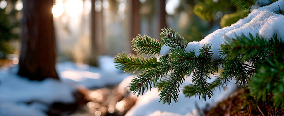 Winter forest pine branch. A close-up view of a snow-covered pine branch in a serene winter forest during early morning light.