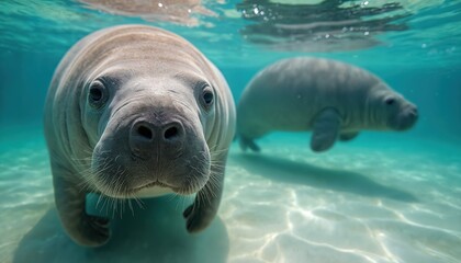 Two gentle sea cows swim in clear shallow water over sandy bottom. Closeup of one manatee face shows its whiskers and curious eyes. Marine mammal in natural habitat.