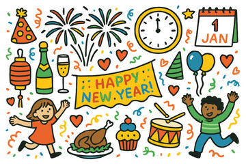 Fototapeta premium Festive New Year Doodle. New Year celebration. Colorful Hand-drawn doodle Children illustration New Year celebration fireworks, clock, champagne, confetti,