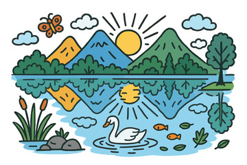 Naklejka premium Vibrant Nature Reflection. Calm water reflection. Colorful Hand-drawn doodle Children illustration Calm water reflection mountains, forest, river mirror,