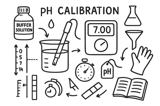 pH Calibration Doodle. pH calibration process. Hand-drawn doodle illustration pH calibration process buffer solution bottle, probe, beaker, droplet, digital