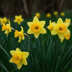 Fototapeta premium Vibrant yellow trumpet daffodils bursting forth in a lush green natural setting, symbolizing the arrival of spring and seasonal change, floral, petals, cheerful