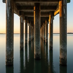 Weathered wooden structure spanning the calm marina water during the early morning hours, bathed in soft, rising golden light ,peaceful ,landscape ,planks