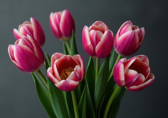 Fototapeta premium A beautiful bouquet of pink tulips captured with gentle, diffused, and very soft lighting, perfect for spring backgrounds ,copy space ,bloom ,botany