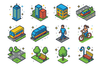 Fototapeta premium Vibrant Cityscape Icons. cities. Colorful isometric vector icons set of cities: skyscrapers, buildings, cars, buses, trains, bicycles, pedestrians, streets,