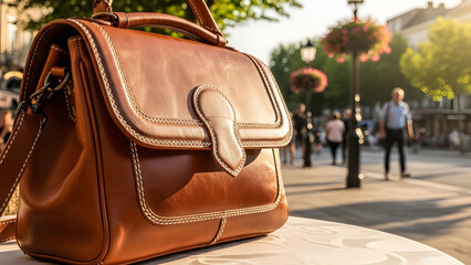 Elegance on display a leather satchel rests on a table, bathed in the warm light of a bustling city promenade its