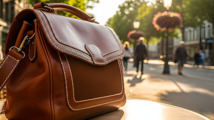 Elegant leather satchel highlighting craftsmanship against a softly blurred city backdrop evoking sophistication and