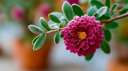 Dewy purple flower in garden. A vibrant purple flower covered in dew stands out among green leaves in a sunny garden. It showcases nature's beauty.
