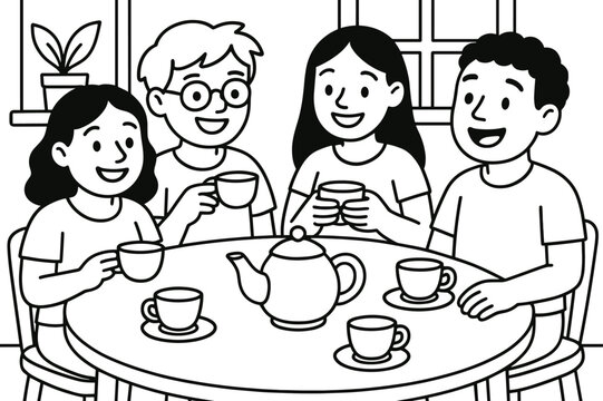 Friendly Tea Party. Kitchen table polyamory children?s coloring book illustration, outlined drawing, group of smiling friends sharing tea around a big table,