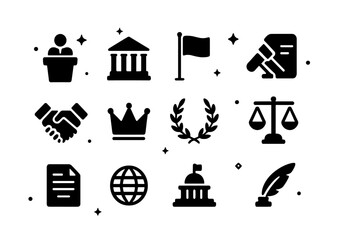 Fototapeta premium Political Iconography. Political Leadership. Solid icons set of Political Leadership: podium, government building, flag, gavel, handshake, crown, laurel