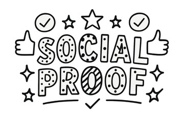 Fototapeta premium Playful Social Proof. Social Proof ? playful decorative display lettering; patterned letters (dots/stripes/stars), gently arched word-shape; framed with small