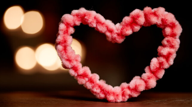 Heart made of pink pom-poms on a table. A heart shape created with pink pom-poms is placed on a wooden table, illuminated by soft, warm lights.