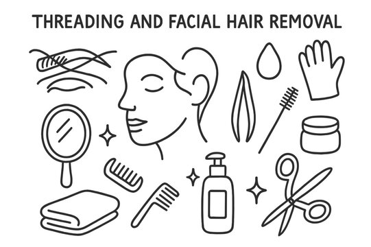 Threading Essentials Doodle. Threading and facial hair removal. Hand-drawn doodle illustration Threading and facial hair removal cotton thread, eyebrow shape,