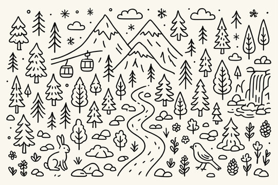 Mountain Doodle Scene. mountain landscape. Hand-drawn doodle illustration mountain landscape trees, rocks, snowflakes, ski lifts, mountain peaks, evergreen