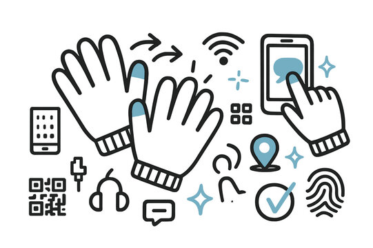 Smart Glove Icons. // Touchscreen-compatible gloves. Hand-drawn doodle illustration touchscreen-compatible gloves [glove pair with conductive tips (accented),