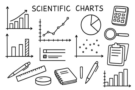 Hand-Drawn Scientific Charts. Scientific Charts. Hand-drawn doodle illustration Scientific Charts bar chart, line graph, pie chart, scatter plot, histogram,