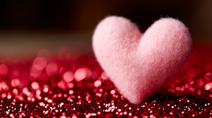 Heart decor on red sparkles. A soft pink heart rests on a bright red glittery surface, ideal for festive and romantic celebrations.