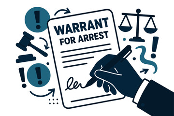 Signing Arrest Warrant. Warrant for arrest. Hand signing an arrest warrant with abstract floating legal icons and exclamation marks; emphasizes authority,