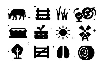 Holistic Grazing Icons. Holistic Grazing. Solid icons set of Holistic Grazing: grazing cow, pasture fence, grass blades, rotation map, water trough, soil