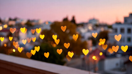 Heart-shaped lights at dusk. Heart-shaped lights cast a romantic glow over the city as dusk settles in the evening sky.