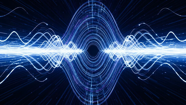 Vibrant blue waveforms pulsing symmetrically on a dark background generating futuristic energy patterns