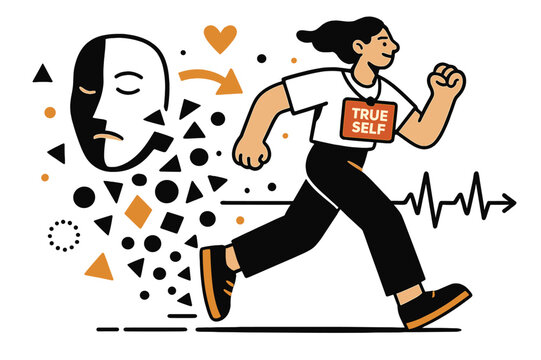 Unmasking True Self. Personal authenticity. A figure steps out from a mask that dissolves into shapes; ?True self? glows on a simple name tag. Heartbeat lines